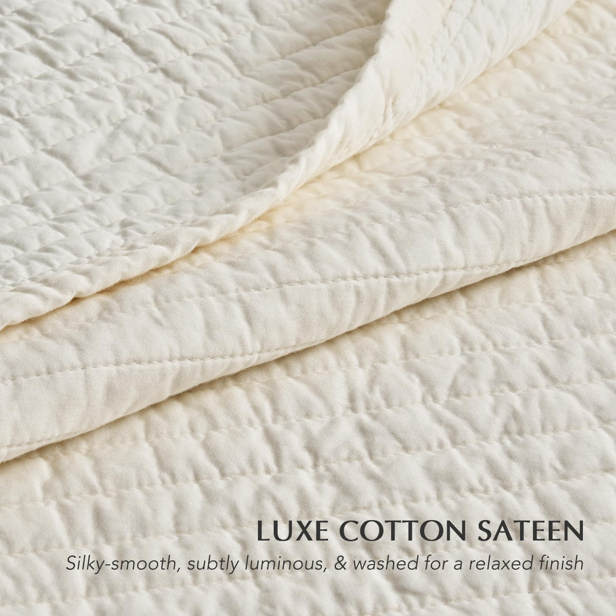 EVERGRACEHOME Cotton Sateen Quilt Set, Queen Size, Cream 100% Cotton, Channel Stitch Coverlet Bedspread, Pre-Washed Lightweight Soft Bedding Set for All Season, 3 Piece, with 2 Shams