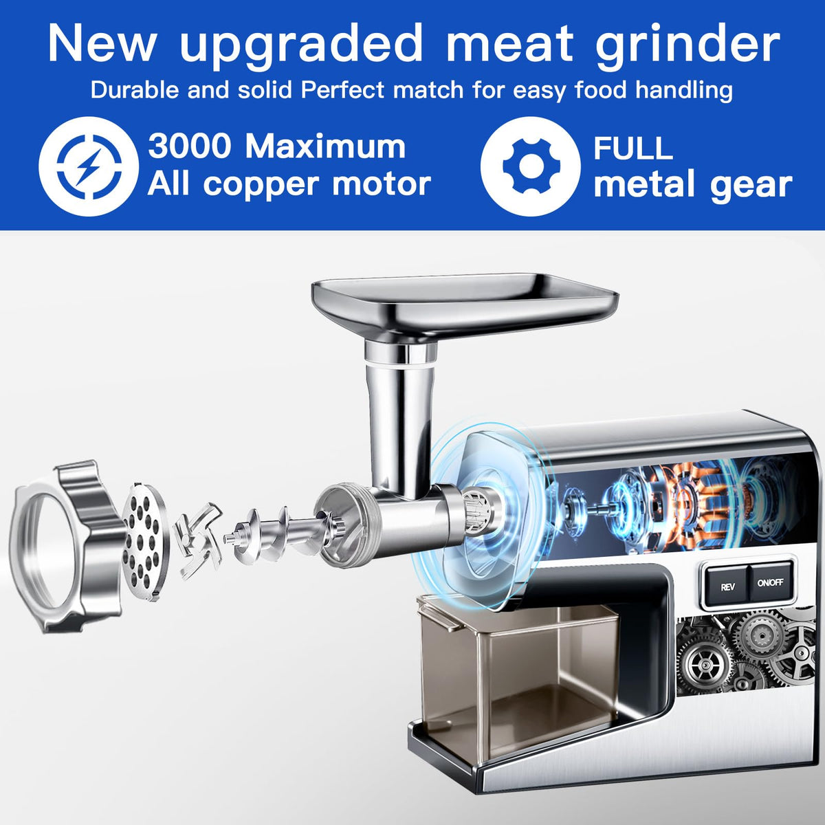 Sinyder Electric Meat Grinder 3000W Max Stainless Steel Mincer Pure Copper Motor, Metal Gears, Stainless Steel Body, 2 Blades & 3 Grinding Plates, Sausage Stuffer Tubes & Kubbe Kit