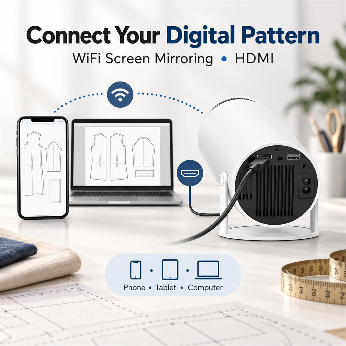 Sewing Projector for Patterns, WiFi and HDMI Pattern Projector with Remote Adjustable Downward Projection for Tracing Digital Sewing Patterns Onto Fabric Without Printing, Taping or Paper Templates