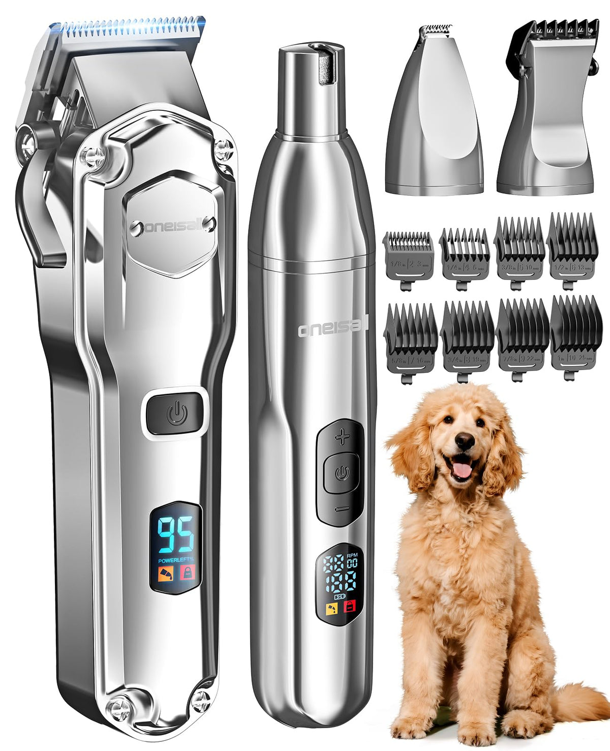 oneisall Dog Clippers for Grooming Thick/Matted Hair, 4-in-1 Grooming Kit Detachable Stainless Steel Blade, Powerful Motor, IPX6 Waterproof, Low Noise, Paw Trimmer and Nail Grinder, 9 Guide Combs