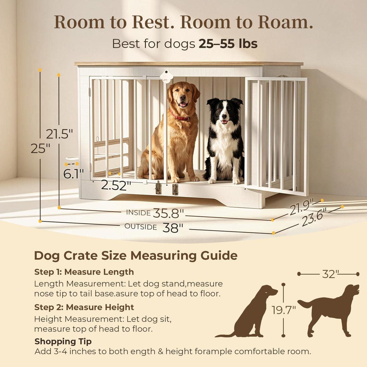 Dog Crate Furniture 38in, Wooden Indoor Pet Kennel End Table Modern farmhouse wooden indoor kennel with 360 Degree feeder door, double latches, solid base for medium dogs, Natural White