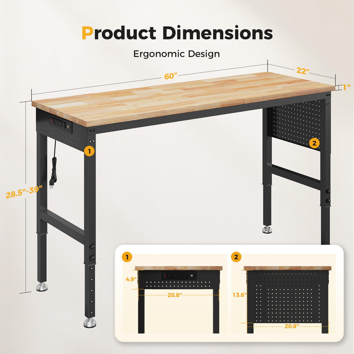 CAMMOO 60" Adjustable Workbench, 2000LBS Max Load, Pegboard & Power Strip Rubberwood Tabletop, for Garage, Workshop, Home