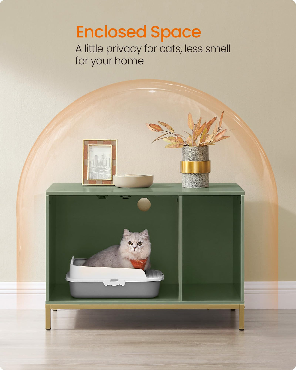 Feandrea Cat Litter Box Enclosure, with Scratching Mat, Tall Legs Hidden Cat House, Side End Table, 31.5 x 19.7 x 21.7 Inches, Forest Green and Gold
