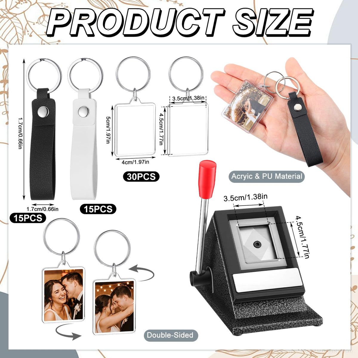 61 Pcs Button Keychain Photo Cutter 35 x 45 mm Keychain Maker 1 Pcs Photo Keychain Maker Machine, 30 Double Sided Acrylic Frame Keyring 30 PU Leather Keychains
