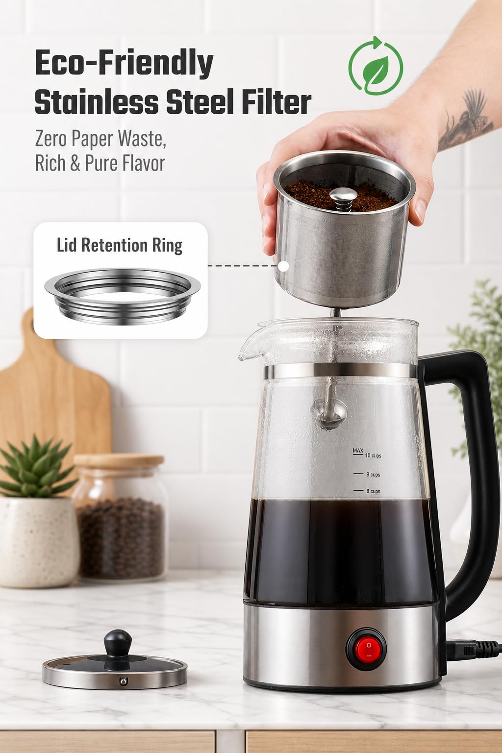 KIDISLE Percolator Coffee Pot Electric, 10-Cup Glass Coffee Percolator Brews Fast With 1000W Power, Features Durable Borosilicate Glass Carafe, Reusable Metal Filter, and Auto Keep-Warm Base