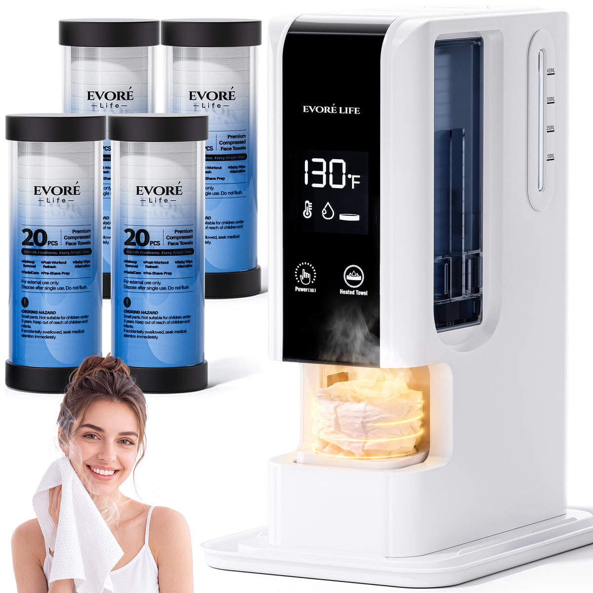 Hot Towel Dispenser 5s Heating 80PCS Compressed Towels White 131°F Constant Temperature Hot Face Towel Warmer Dispenser Quiet 45dB for Bathroom,Salon,Home SPA,Skincare