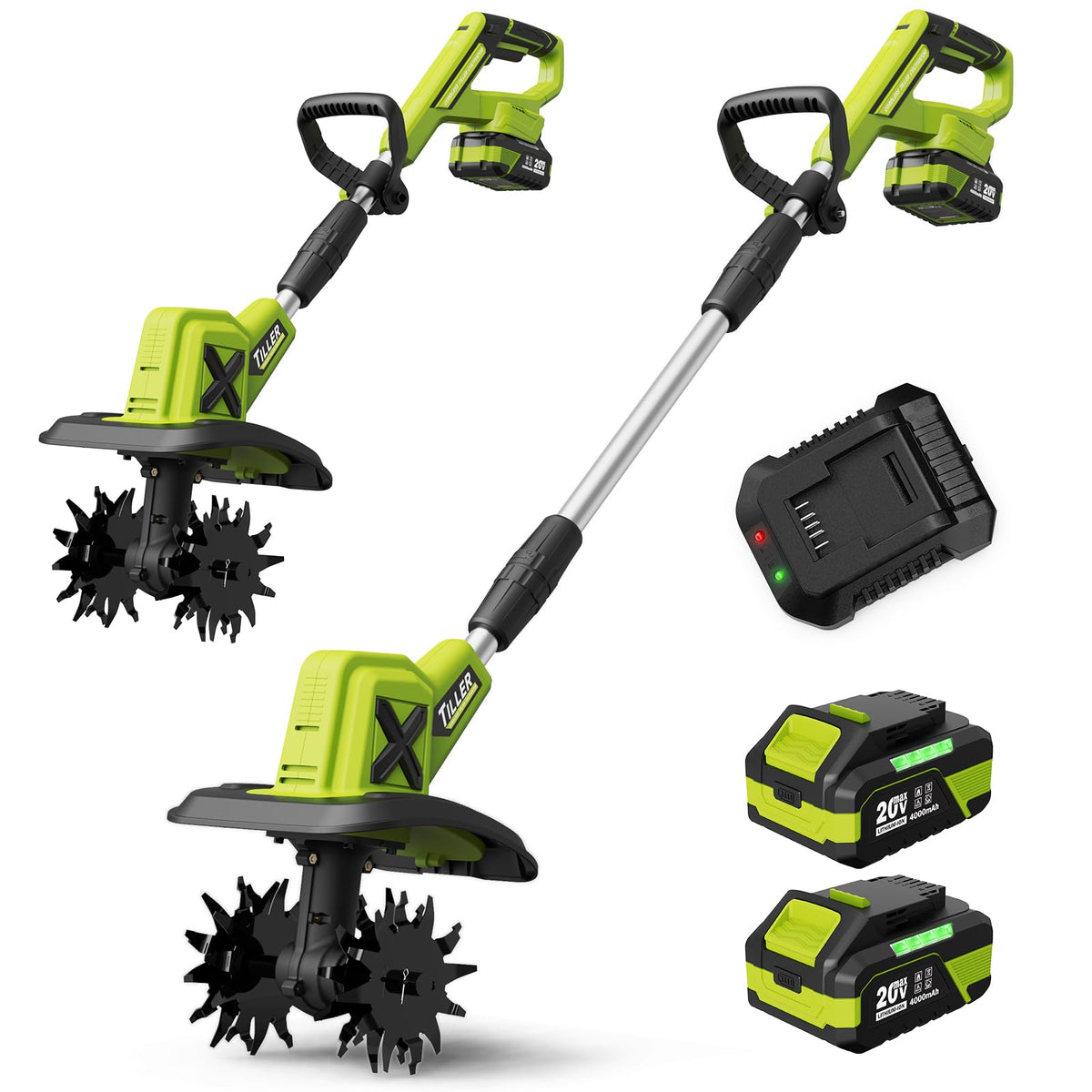 20V Cordless Tiller Cultivator for Gardening, 2x4.0Ah Batterie Battery Powered Garden Tiller, 400RPM Electric Rototiller, 48 Steel Tines, 9-Inch Width & 6.7-Inch Depth for Small Garden Bed