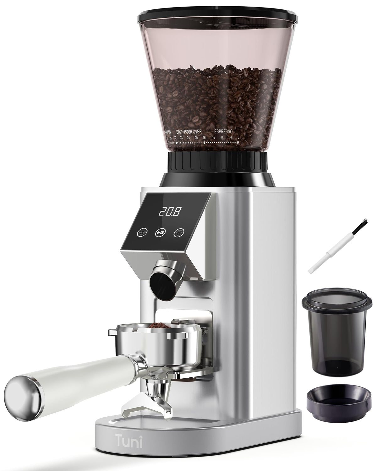 Tuni G1 Conical Burr Coffee Grinder with 48 Grind Settings, Silver Anti-static Burr Espresso Mill, Electronic Timer and LED Touchscreen for Drip/Cold Brew/French Press, Stainless Steel