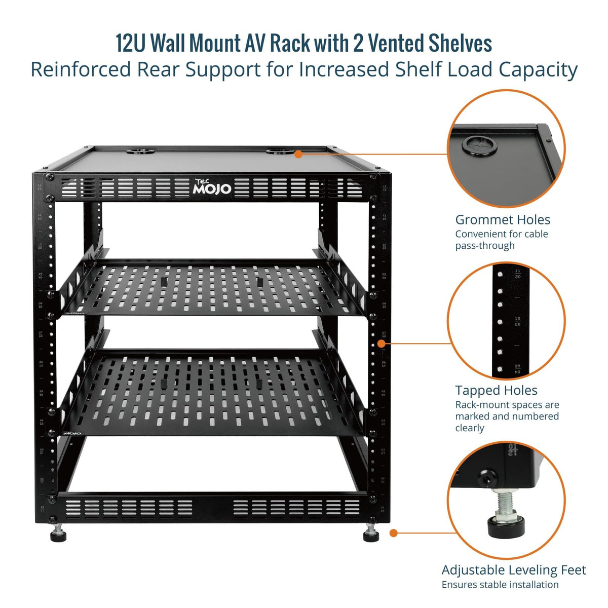 Tecmojo 12U Open Frame Network Rack for IT & AV Gear, AV Rack Floor Standing or Wall Mounted,with 2 PCS 1U Rack Shelves & Mounting Hardware,Network Rack for 19" Networking,Audio and Video Device