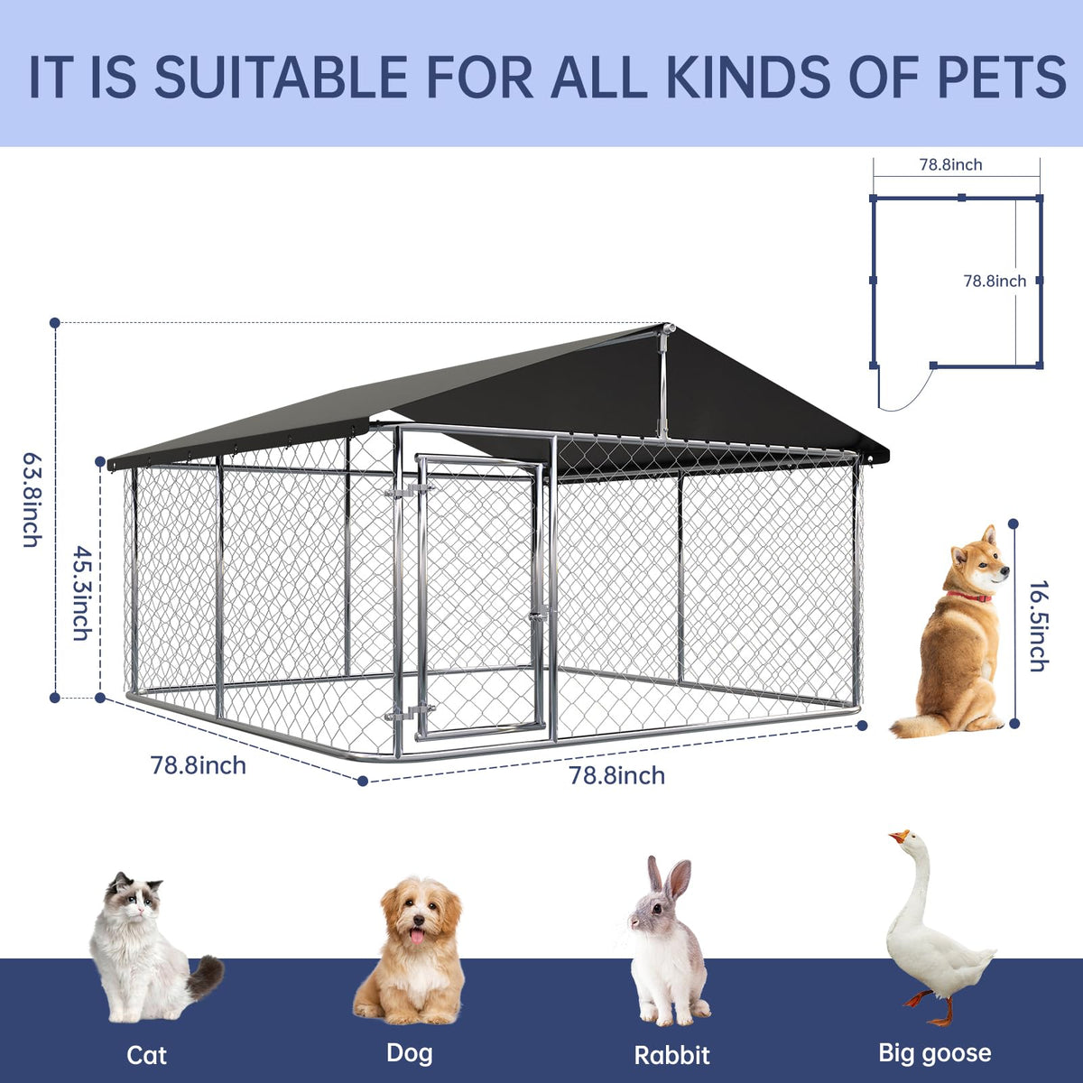 Petony Large Outdoor Dog Enclosure,Heavy Duty Dog Kennel with Roof,Galvanized Steel Dog Cage Fence with Double Safety Locks(78.8" L x 78.8" W x 65" H)