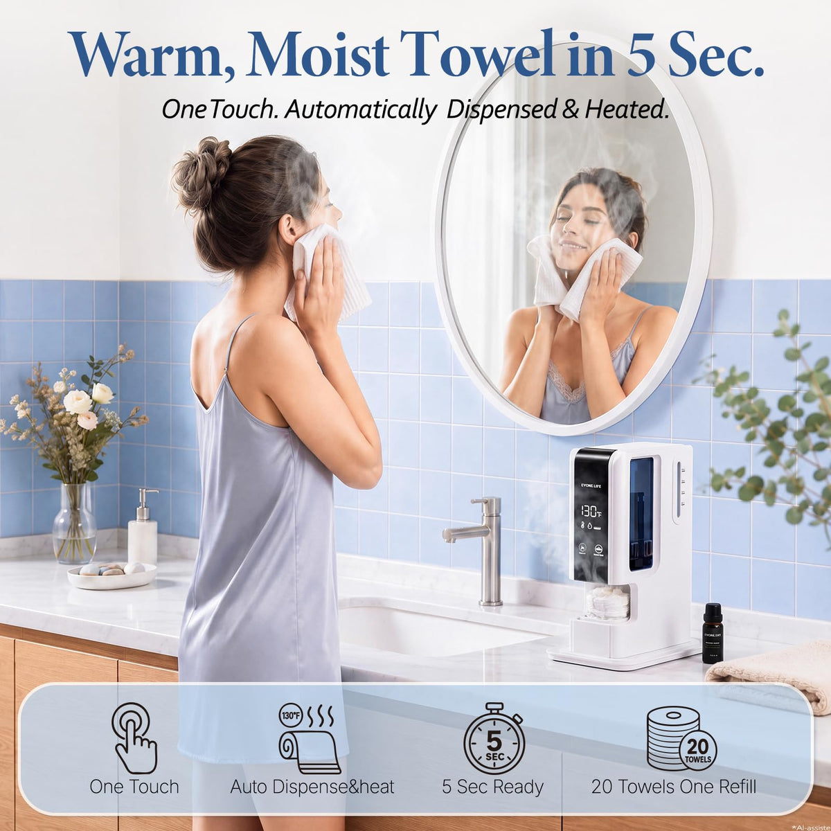 Hot Towel Dispenser 5s Heating 80PCS Compressed Towels White 131°F Constant Temperature Hot Face Towel Warmer Dispenser Quiet 45dB for Bathroom,Salon,Home SPA,Skincare