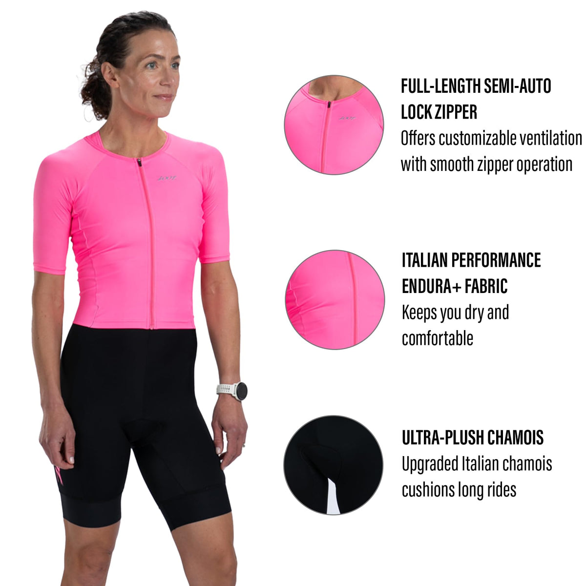 Zoot Women's Core Tri Aero Full-Zip Racesuit Short Sleeve Moisture-Wicking Triathlon Suit; Plush Chamois & Race Day Storage