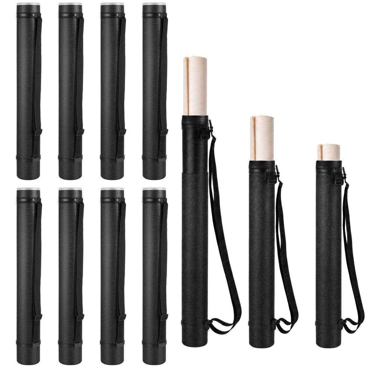Henoyso 12 Pcs Extendable Poster Tube Bulk from to with Strap, L Portable & Waterproof Black Plastic Blueprint Holder with Label Lid for Artworks, Maps, Posters, Documents