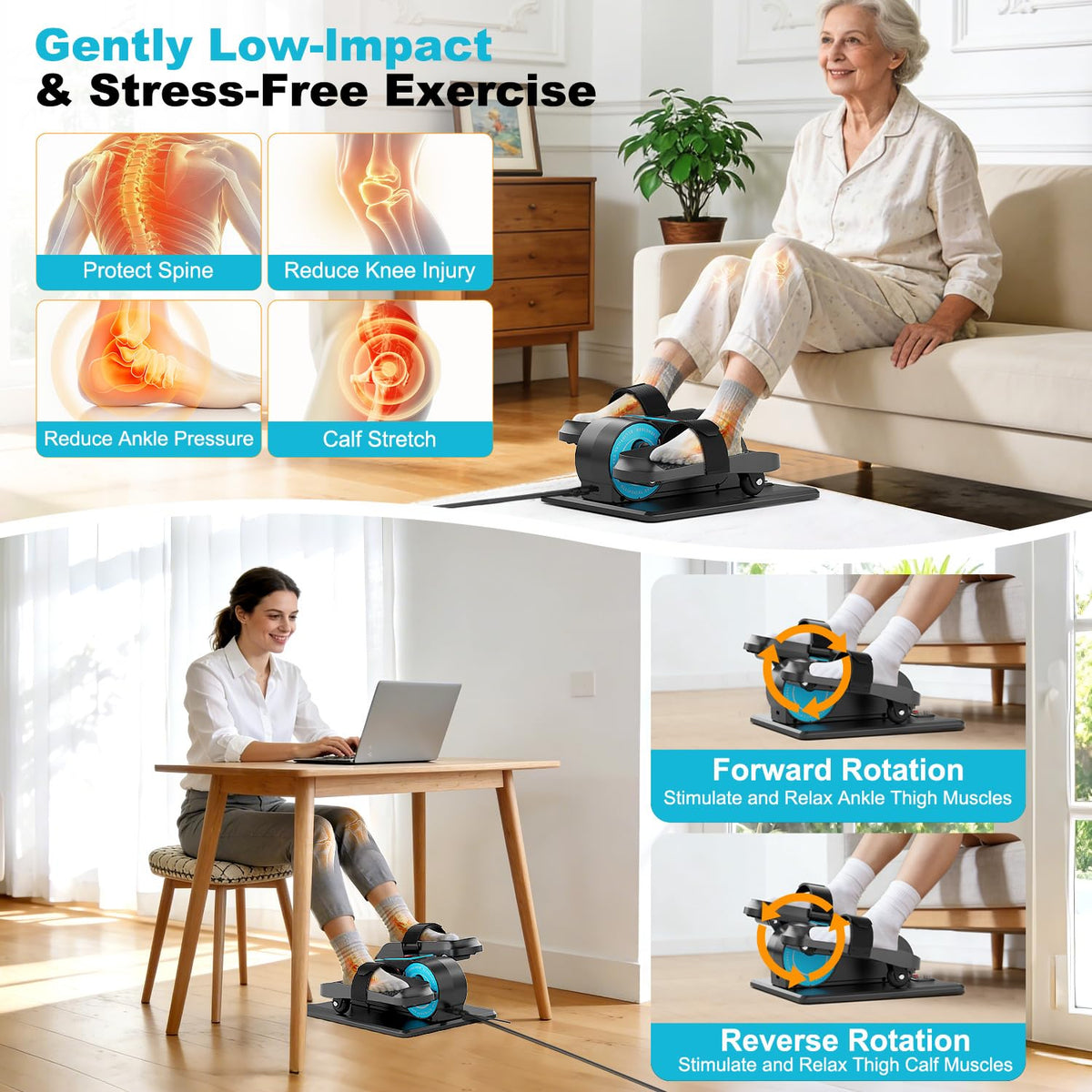 TDH Under Desk Elliptical Machine Leg Exerciser Electric Quiet Portable Electric Pedal Exerciser While Sitting for Seniors Adult with 12 Adjustable Speed Auto&HR Mode for Home Office