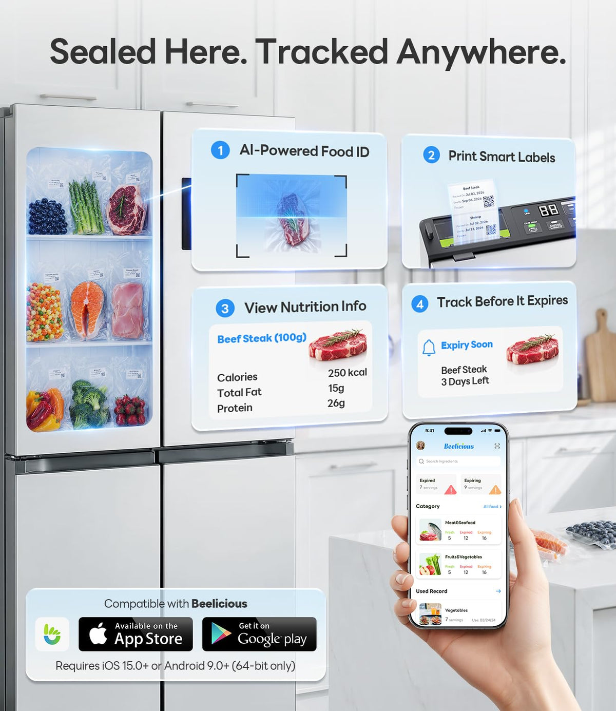 98kPa Smart Vacuum Sealer with FreshTrack Label Printing & Food Manager App Double Heat Seal, Dual-Pump Suction, Wider Easy-Lift Handle, Extra Moist Mode Food Sealer for Meal Prep, VSP801, Silver
