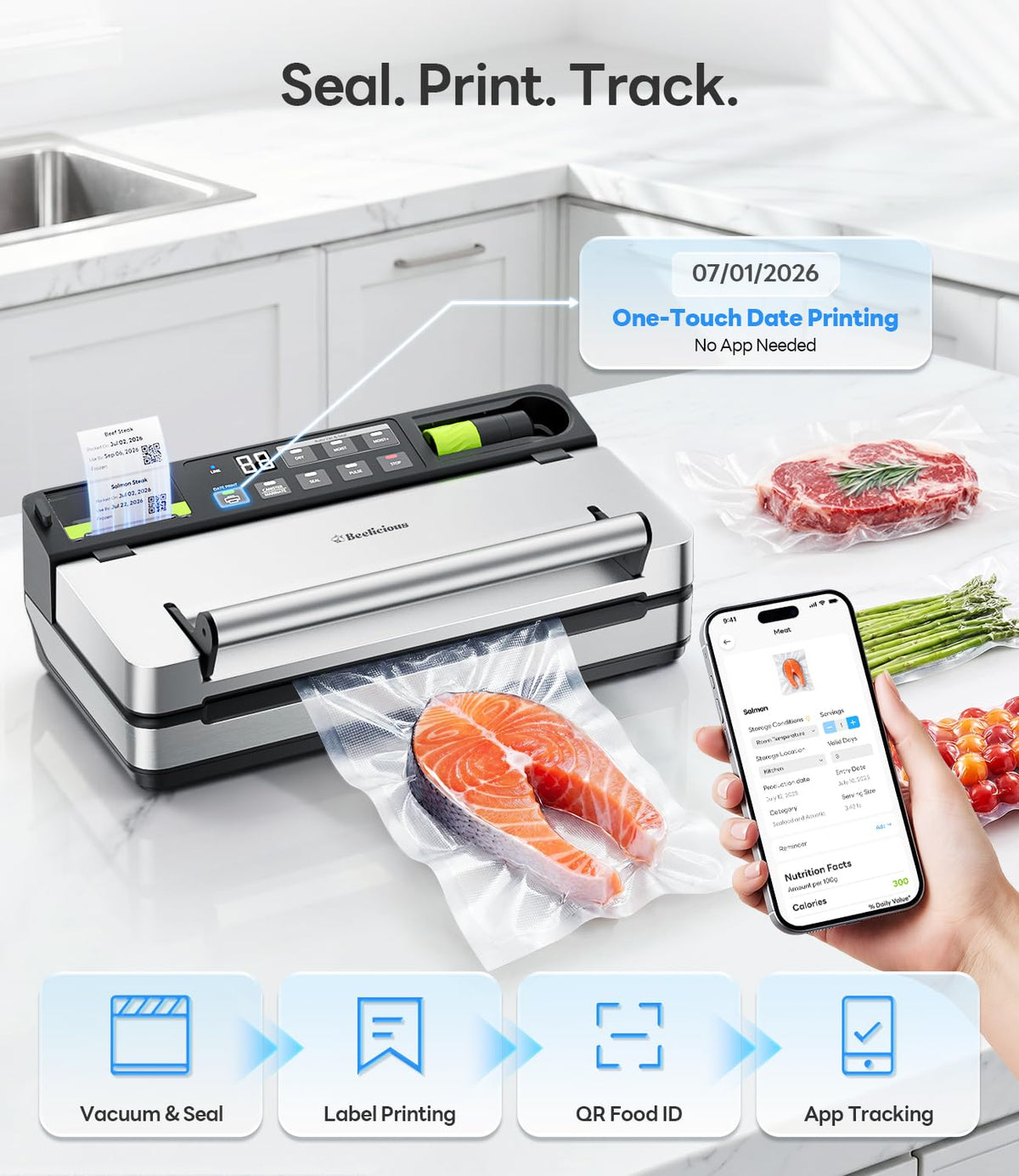 98kPa Smart Vacuum Sealer with FreshTrack Label Printing & Food Manager App Double Heat Seal, Dual-Pump Suction, Wider Easy-Lift Handle, Extra Moist Mode Food Sealer for Meal Prep, VSP801, Silver
