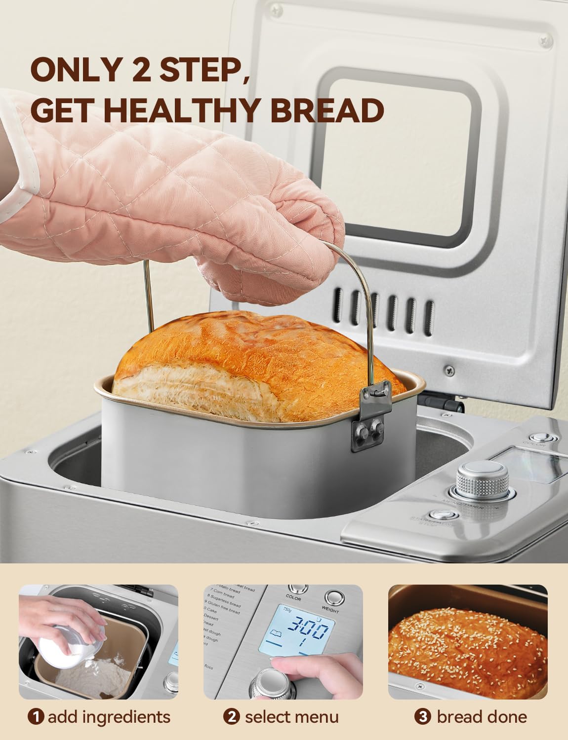 Neretva 20-in-1 2LB Bread Maker Metal Bread Machine with Dual Heater-Silver Automatic Bread Maker Machine with Nonstick Ceramic Pan, Low Noise, Stainless Steel Breadmaker, 15H Timer & 1H Keep Warm Set