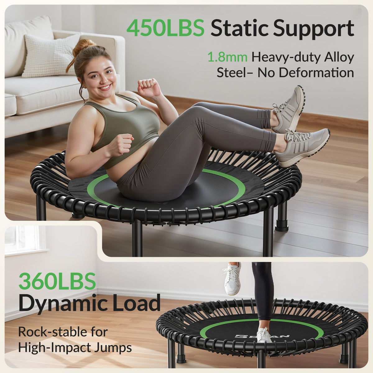BCAN BT2 40/48" Foldable Rebounder Trampoline for Adults, 450/550 lbs, Bungee Mini Exercise Trampoline, No Handle, Quiet Low-Impact Fitness Trampoline for Indoor Workouts |Fed Fitness