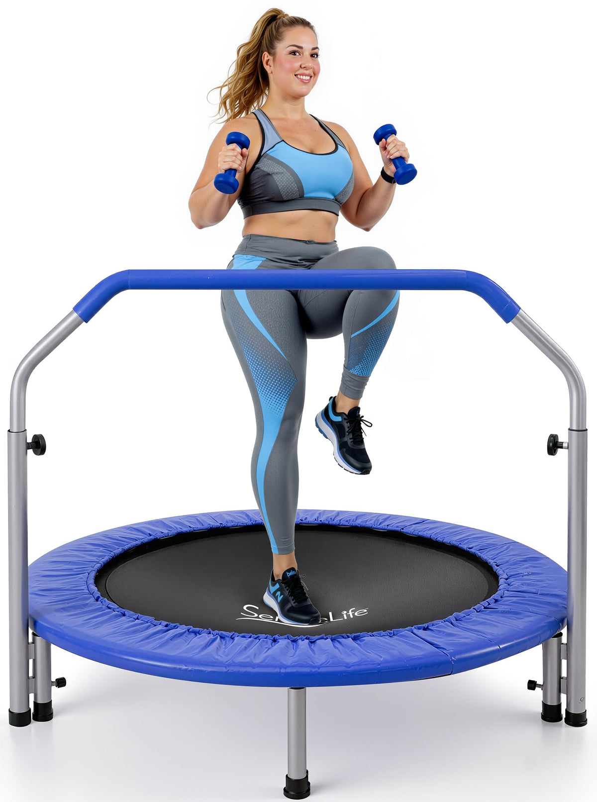 SereneLife 40" Foldable Mini Trampoline for Adults - Compact Fitness Rebounder with Adjustable Foam Handle, Exercise Trampoline with Max Load 330lbs, Indoor/Garden Whole-Body Workout
