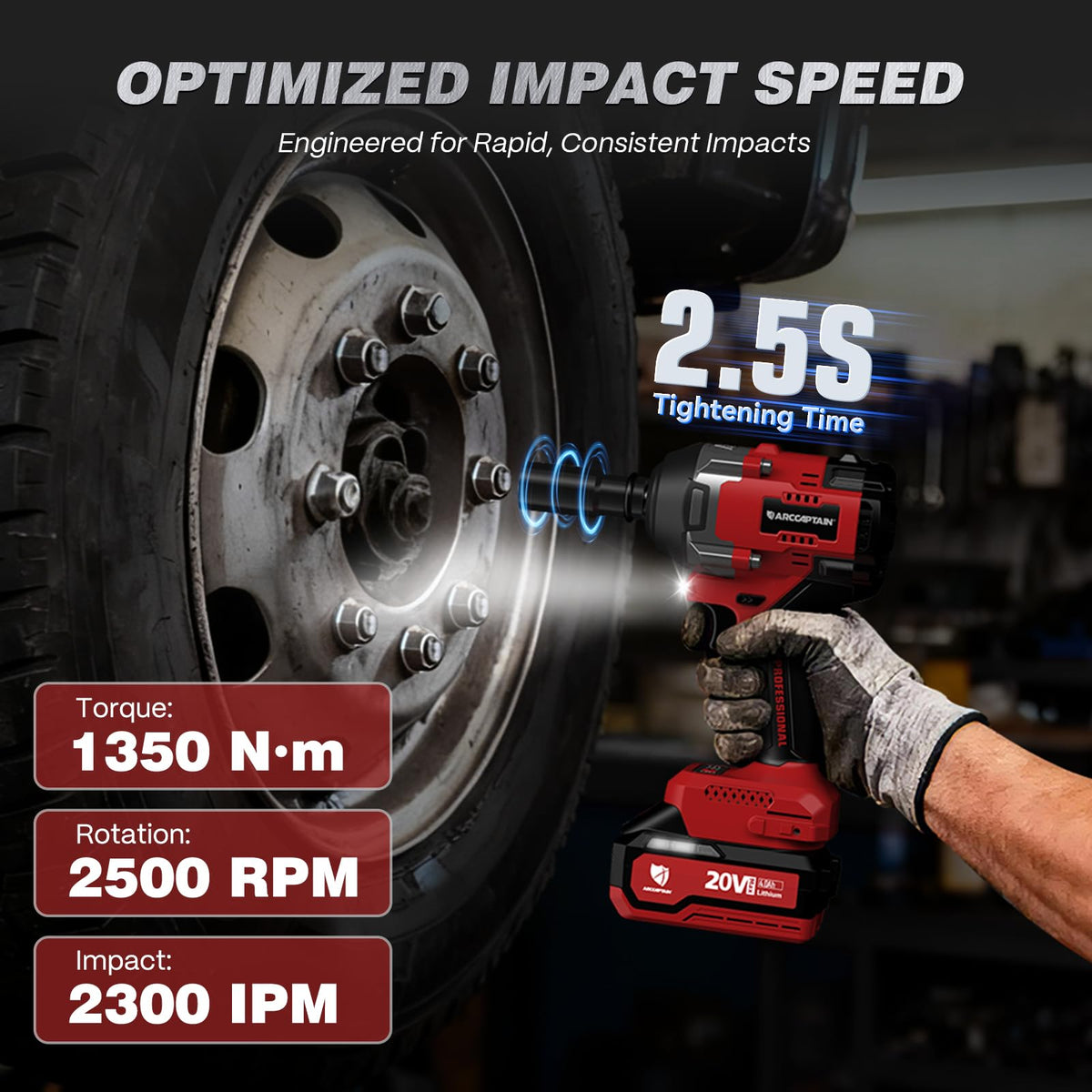 ARCCAPTAIN Cordless Impact Wrench, 1500N.m (1106Ft-lbs) 1/2" Impact Gun 15C High-Rate, Supports Up to 40mm Socket, 20V 2x4.0Ah Batteries, High Torque Power Impact Driver for Heavy Truck/Car/Pickup
