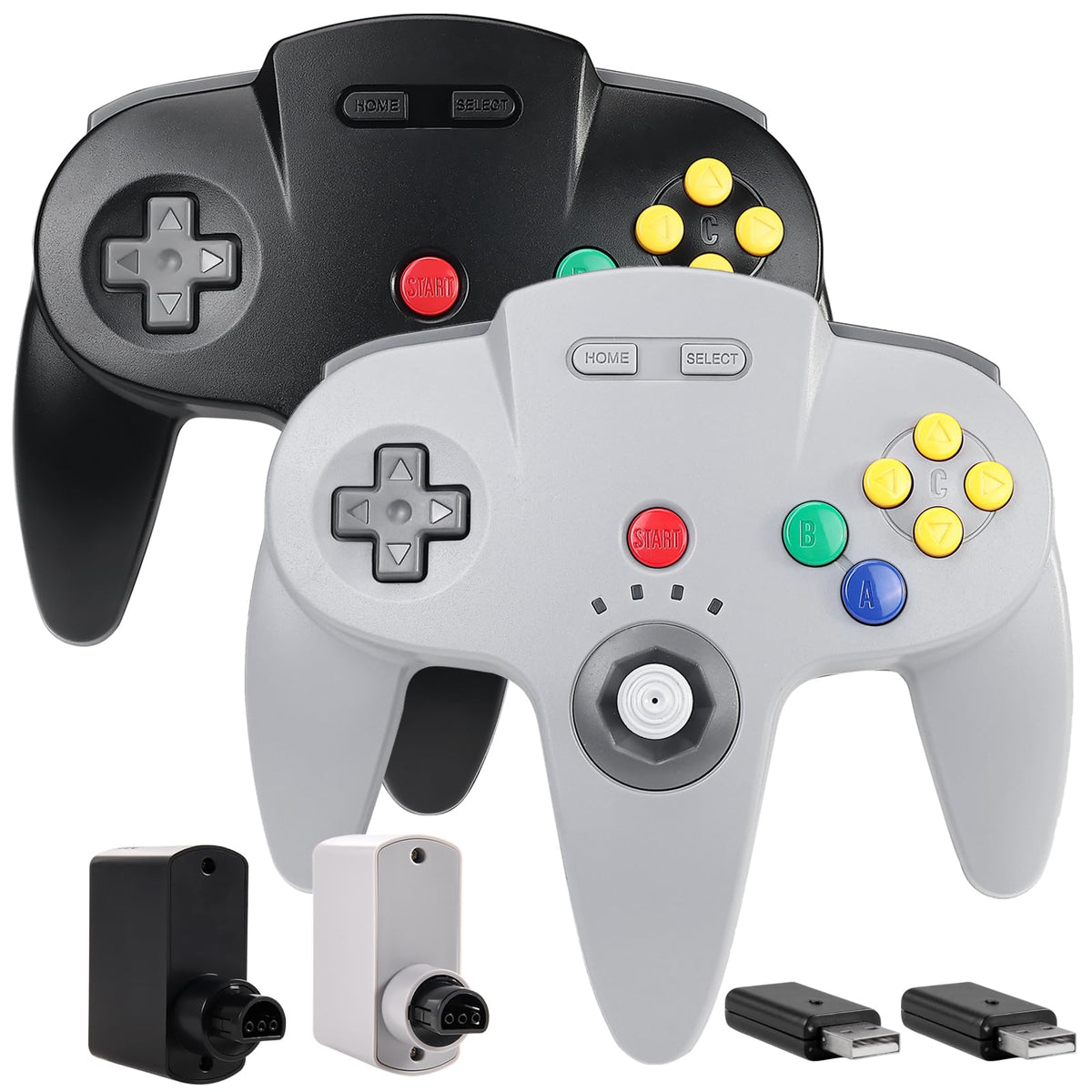 2 Pack Wireless N64 Controller for Switch 1 & 2, N64 Console, Black/Gray (Built-in Vibration) (Rechargeable) (3D Analog Stick), 2.4 GHz USB & N64 Receiver Made for Switch Online, Windows PC, macOS