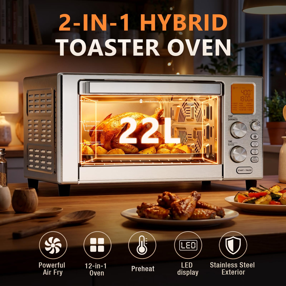 Electactic 12-in-1 Air Fryer Toaster Oven Combo, 22L Countertop Oven Stainless Steel 1500W Convection Oven with Rotisserie, Dehydrator and Slow Cook, 6 Rack Positions and 5 Accessories Included