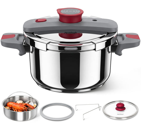 MICHELANGELO Stovetop Pressure Cooker Stainless Steel, 4.2 qt, 304 Stainless Steel, 6-Fold Safety System, One-Hand Easy-Open Lid, 2 Pressure Settings, Steamer Basket & Glass Lid, Induction Compatible