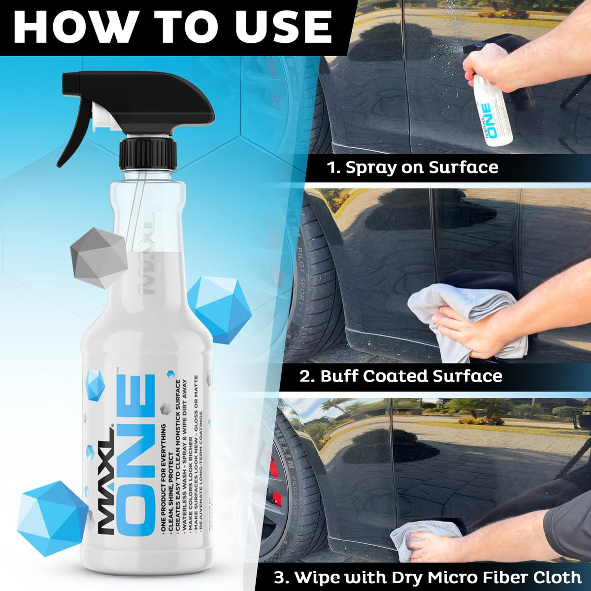 MAXL MAXLONE™ Car Spray with Triphene® All Purpose Waterless Detailer 2 Kit Quick Spray & Wipe, Clean, Shine, Protect Paint, Glass, Wheels, and Trim Without Pre-Washing (2x20oz + 4 Micro Fiber Cloths)