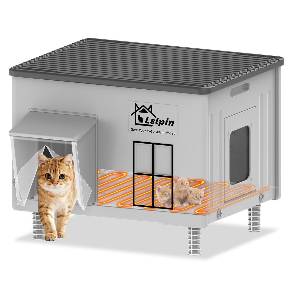 Large Heated Cat House for Outside Cats in Winter, Lslpin Weatherproof & Insulated Outdoor Feral Cat House with Escape Door,Outside Cats House Shelter with Heating Pad 21.6×16.9×17.5