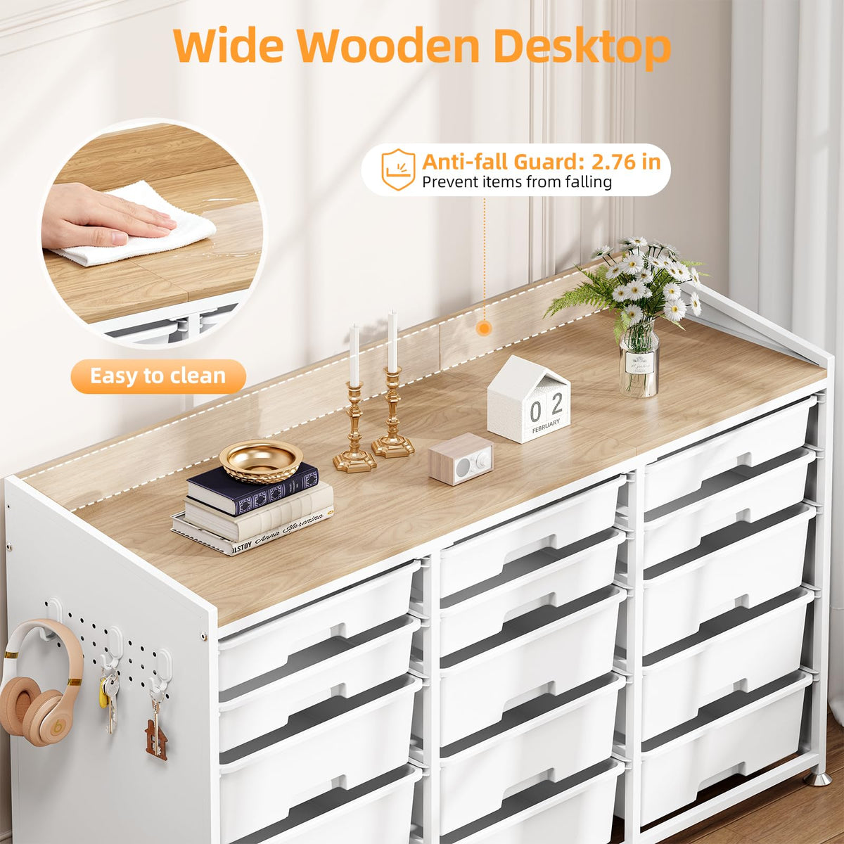 Wood Top Storage Cabinet with 15 Drawers, Pegboard & Adjustable Feet, White Classroom Storage with Ample Bins,Craft Organization,Stable Framework,Cubbies for Homeoffice&Toy Supply
