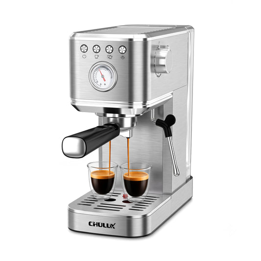 CHULUX Slim Espresso Machine with Milk Frother for Home Latte, Metal Silver Precise Pressure Gauge, Food-Grade Materials, 20 Bar Italian Pump, Professional Temperature Control System, Stainless Steel