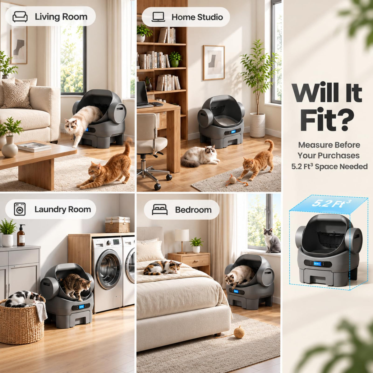 Open-Top Automatic Cat Litter Box, Self Cleaning Litter Box for Multiple Cats, 10 Safety Sensors, Large Capacity with APP Control, Noise&Odor Control Robot, LED Display, Hands-Free