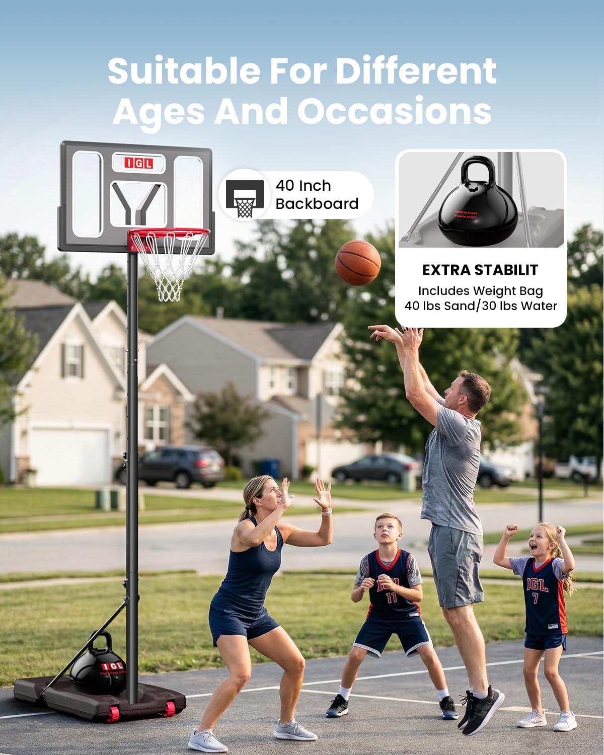 IGL Portable Basketball Hoop, 5.6-10FT Adjustable Basketball Goal System, 40/44 Inch Outdoor Basketball Hoop & Goals for Kids, Youth, and Adults in The Backyard, Driveway with PC Backboard