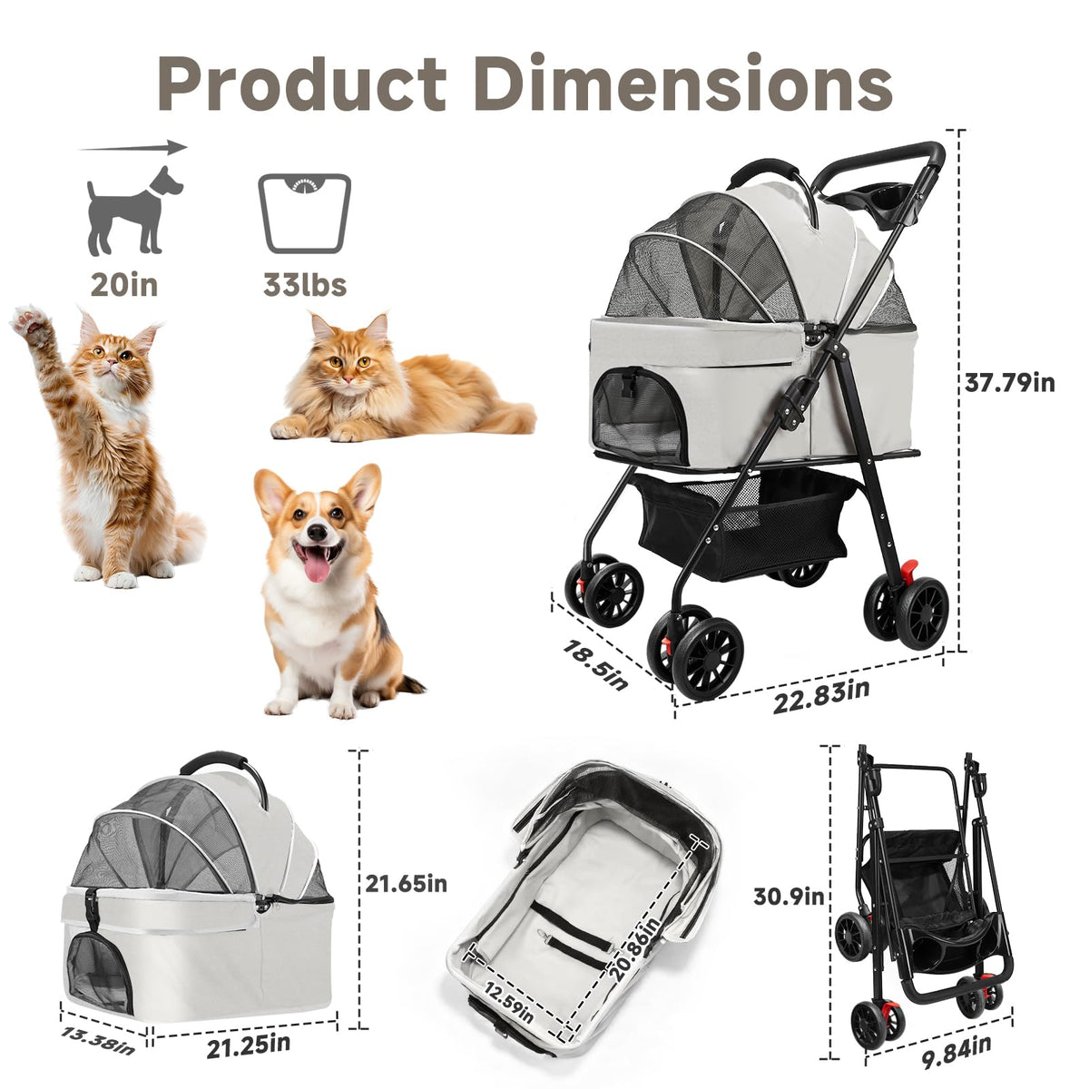 Pet Stroller for Small Dogs and Cats with 4 Wheels, 3 in 1 Foldable Dog Stroller with Detachable Carrier, Breathable Mesh, Storage Basket & Cup Holder, Up to 33 lbs