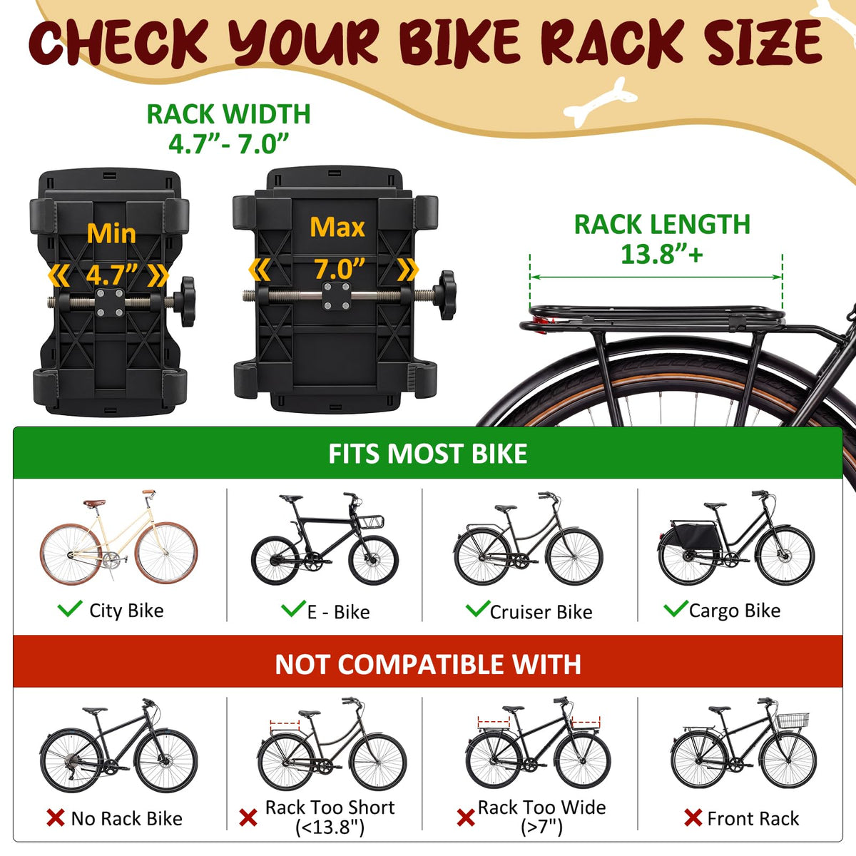 Wicker Dog Bike Basket for Small Dogs up to 20 Lbs, Tilted-top Fits Bicycle Rear Rack, Rattan Pet Carrier with Protective Grille, Cotton Cushion & Ice Pad, Breathable Design, Easy Install