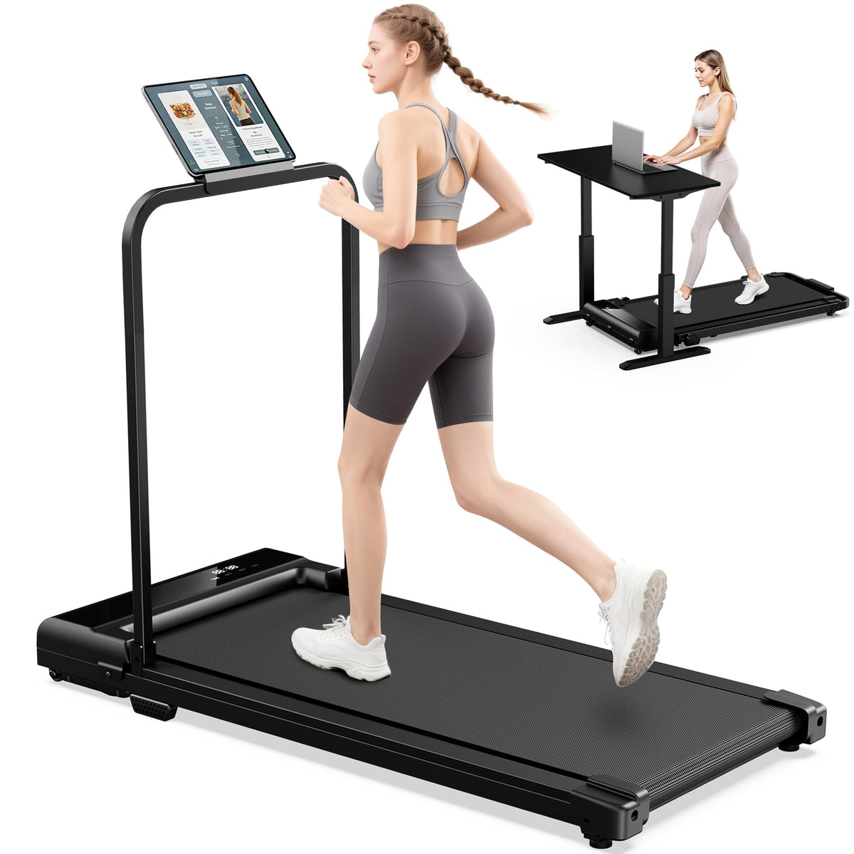 Walking Pad Treadmill for Home,Treadmills Under Desk with Handle Bar Foldable, Portable Caminadora Eléctrica para Casa, Small Mini Compact Exercise Equipment Office Space Jet Black 02 Upgrade