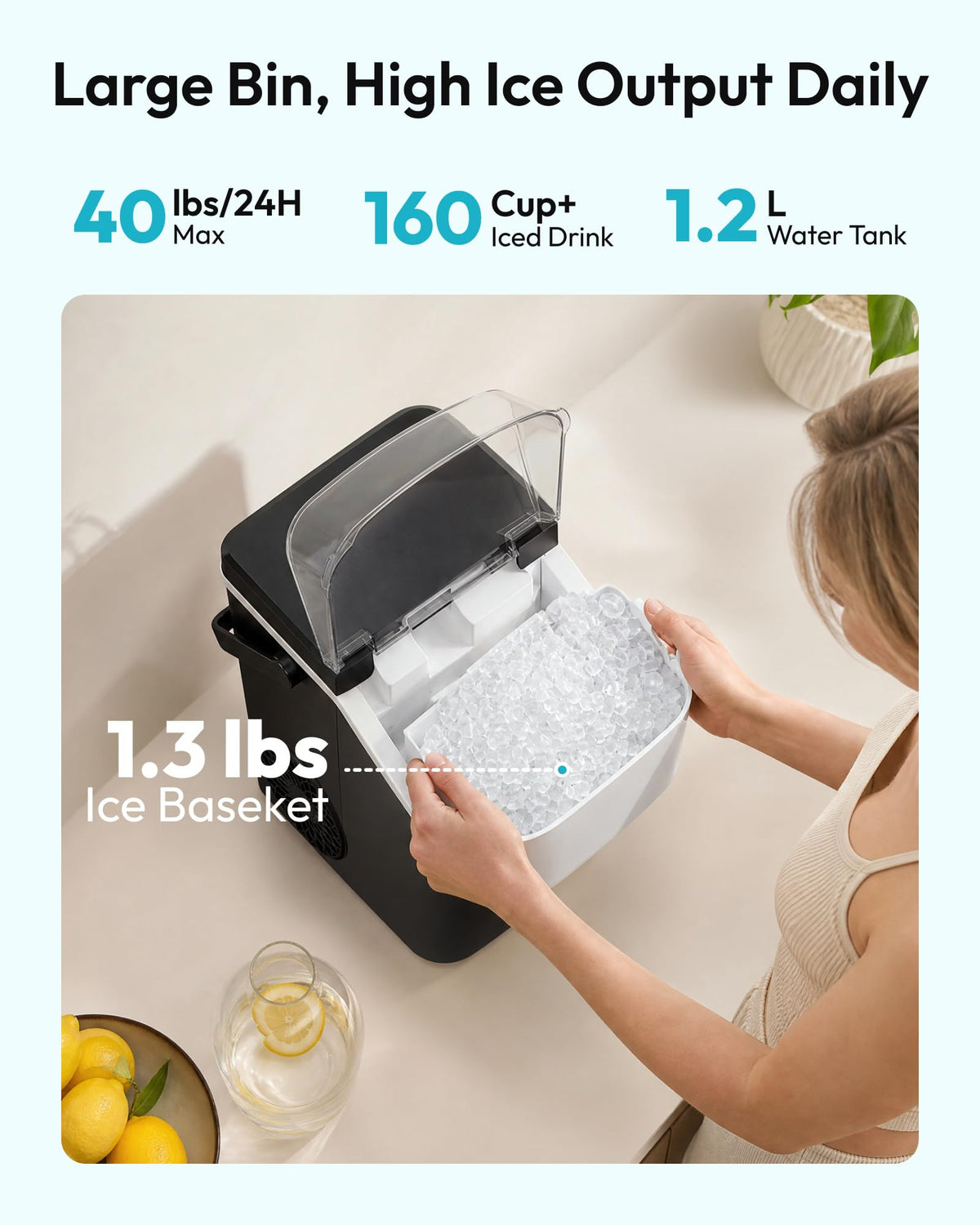 EUHOMY Nugget Ice Maker Countertop with Handle, Max 40lbs Daily Sonic Ice Ice in 4 Mins, Self-Cleaning, Portable Pebble Ice Maker with Basket and Scoop, for Home/Party/RV/Camping, Black