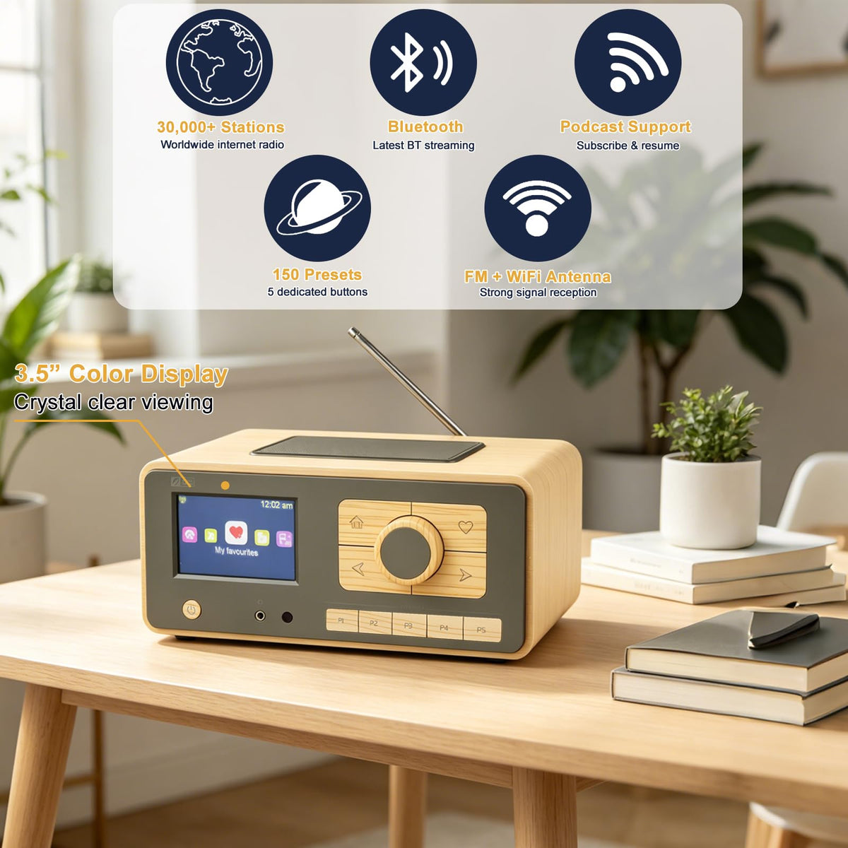 Ocean Digital WR-393 WiFi Internet Radio with FM, Podcast, Bluetooth Speaker, 3.5" Color Display, 30,000+ Stations, UPnP/DLNA Streaming, Dual Alarm Clock, Sleep Timer, Remote Control, Mains Powered