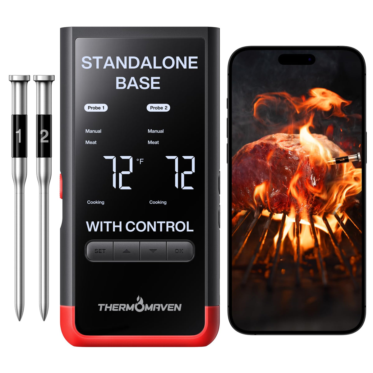 ThermoMaven WiFi Wireless Meat Thermometer, 2 Probes, Smart Base, 6 Sensors Unlimted Monitor Range via APP, Commercial-Grade NIST Certified Accuracy, for Restaurant Kitchen, BBQ/Grill/Oven
