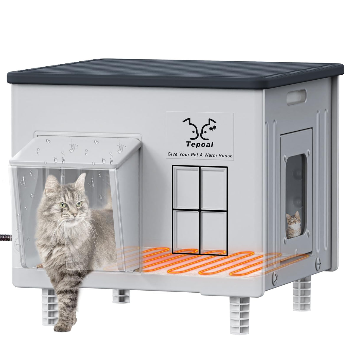Indestructible Heated Cat House for Outside - Extremely Waterproof & Weatherproof Heated Outdoor Cat House with Escape Door for Winter, Insulated Feral Cat Shelter for Barns Strays, 17.7x15x17.5 in
