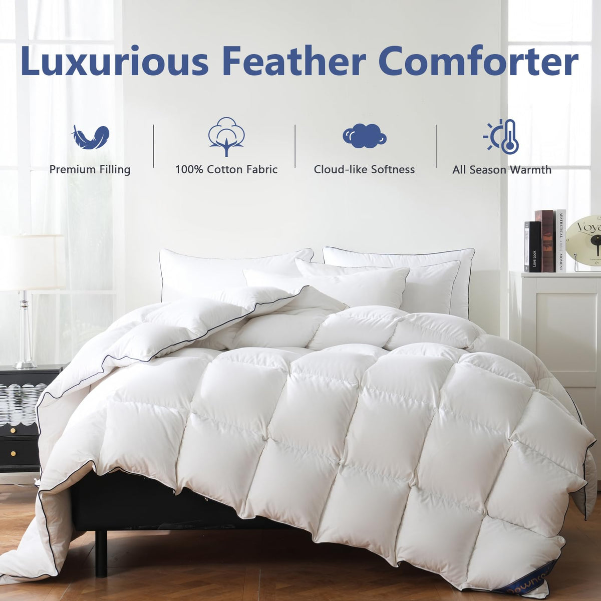DOWNCOOL Feather Comforter King Size, 100% Cotton Cover, White 106"x90" Soft Fluffy Duvet Insert King, All Season Medium Warmth Luxurious Hotel Bedding Comforter, 8 Corner Tabs