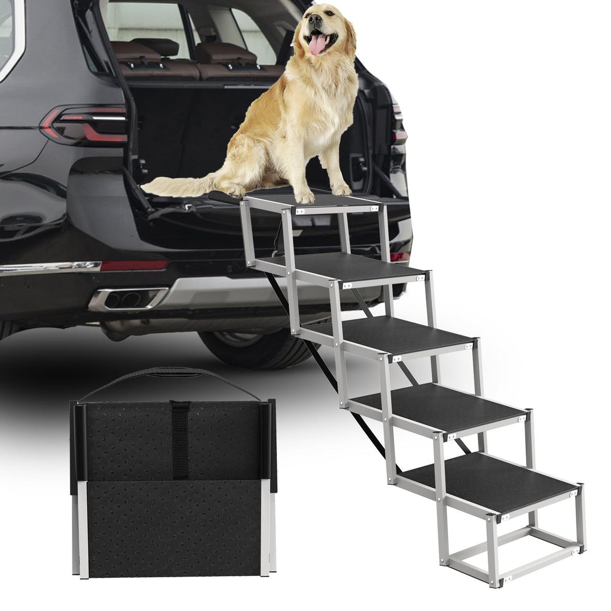 Deergym Dog Stairs for Large Dogs - 5 Step Wide 16in High 34in Foldable Dog Ramp for Car Non-Slip Surface Support up to 230lbs - Suitable for SUV,Truck, Sofas, Bed