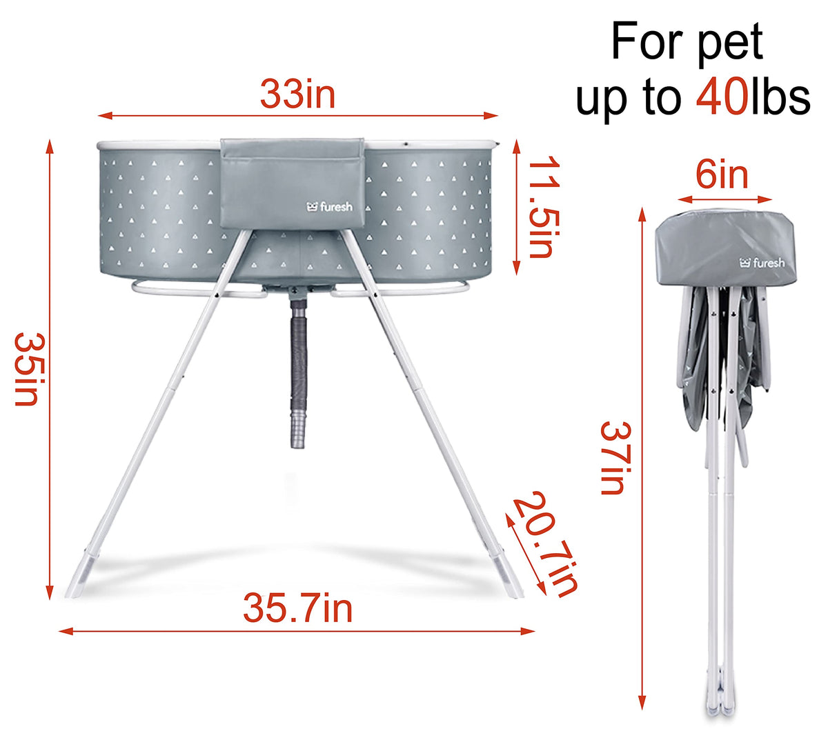 Furesh Portable Foldable Dog Bathtub for Small & Medium Dogs (Gray) Lightweight aluminum frame with elevated design for comfortable bathing and easy storage.