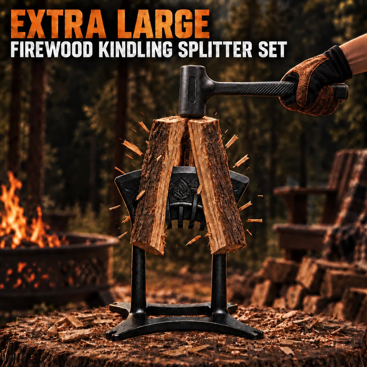 Kindling Splitter for Wood,Manual Log Splitter with 3Lbs Rubber Hammer,One-Piece Molding Cast Iron Wood Splitter,Firewood Splitter Tool（Extra Large-Sized）