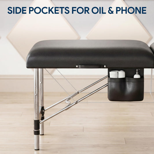 Brelley 2-Fold Aluminum Adjustable Massage Table Portable 22.8" W Black Aluminum Frame Adjustable Height, with Side Pocket & Carrying Bag, Esthetician Spa Facial Tattoo Bed, 490Lbs Load Capacity