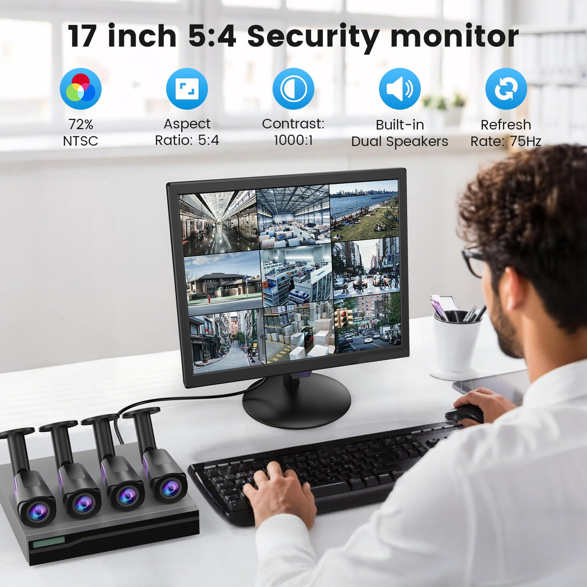 Eyoyo 17-Inch Security Camera Monitor, 1280x1024 5:4 Display HDMI VGA AV BNC Inputs, USB Video Playback, Built-in Speaker, Remote Control, Supports NVR CCTV PC Computer