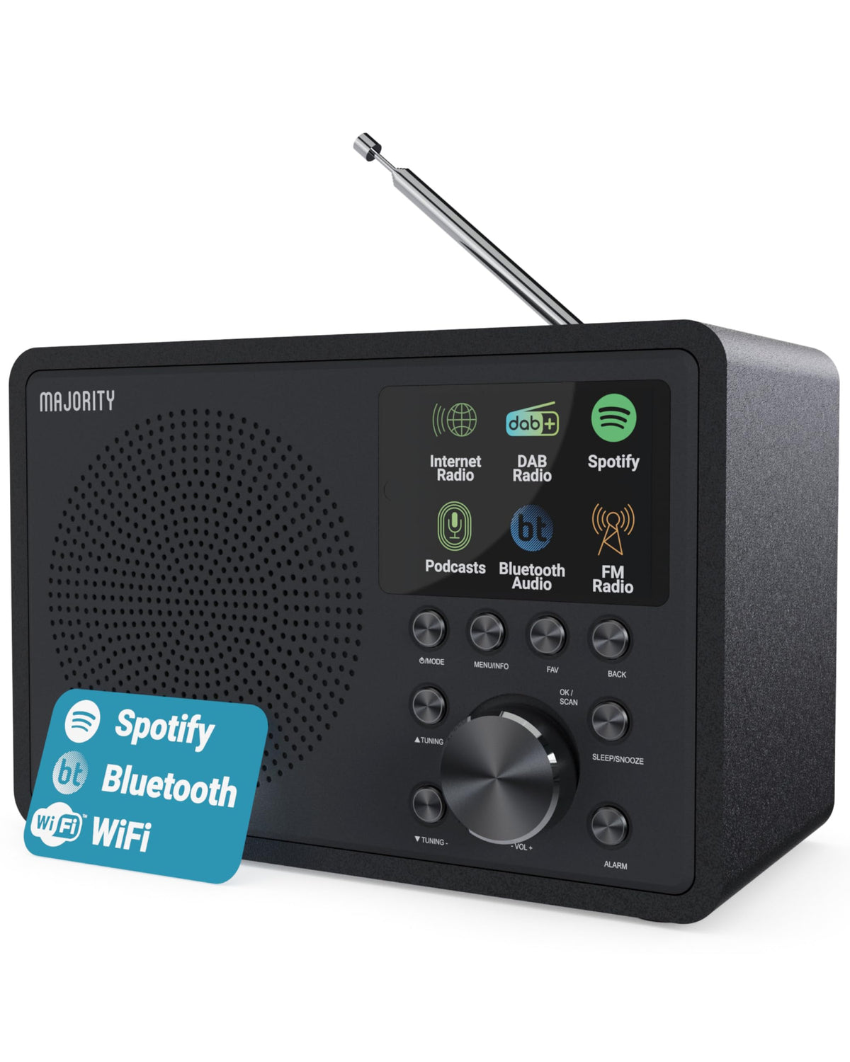 Internet Radio for Home with WiFi and FM | DSP Speaker Perfect for Bedroom, Kitchen, and Living Room Use | FM, Spotify Connect, Multi-Alarm, Frontier Oktiv App Control | Majority Touro