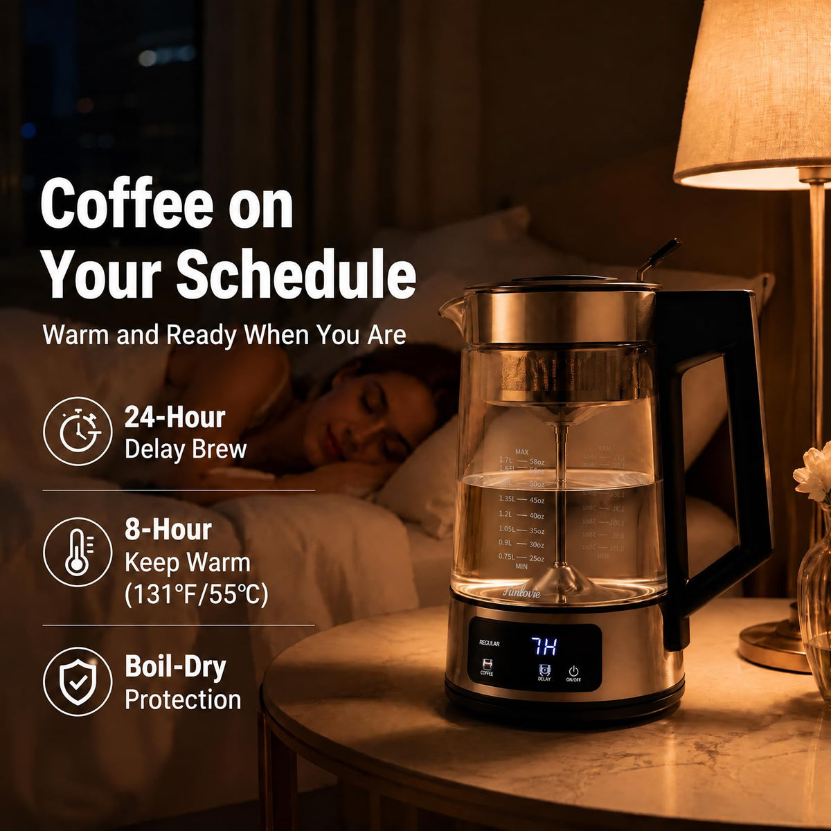 12-Cup Electric Percolator Coffee Pot, 3 Brew Strength Settings 24-Hour Delay Brew, One-Touch Brewing Coffee Maker with BPA-Free Borosilicate Glass Carafe, Auto Keep Warm
