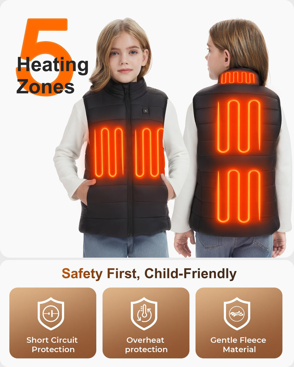 Glaais Kids Heated Vest with 7.4V 12000mAh Battery Pack Included, Warmer Youth Electric Heating Vest for Boys & Girls
