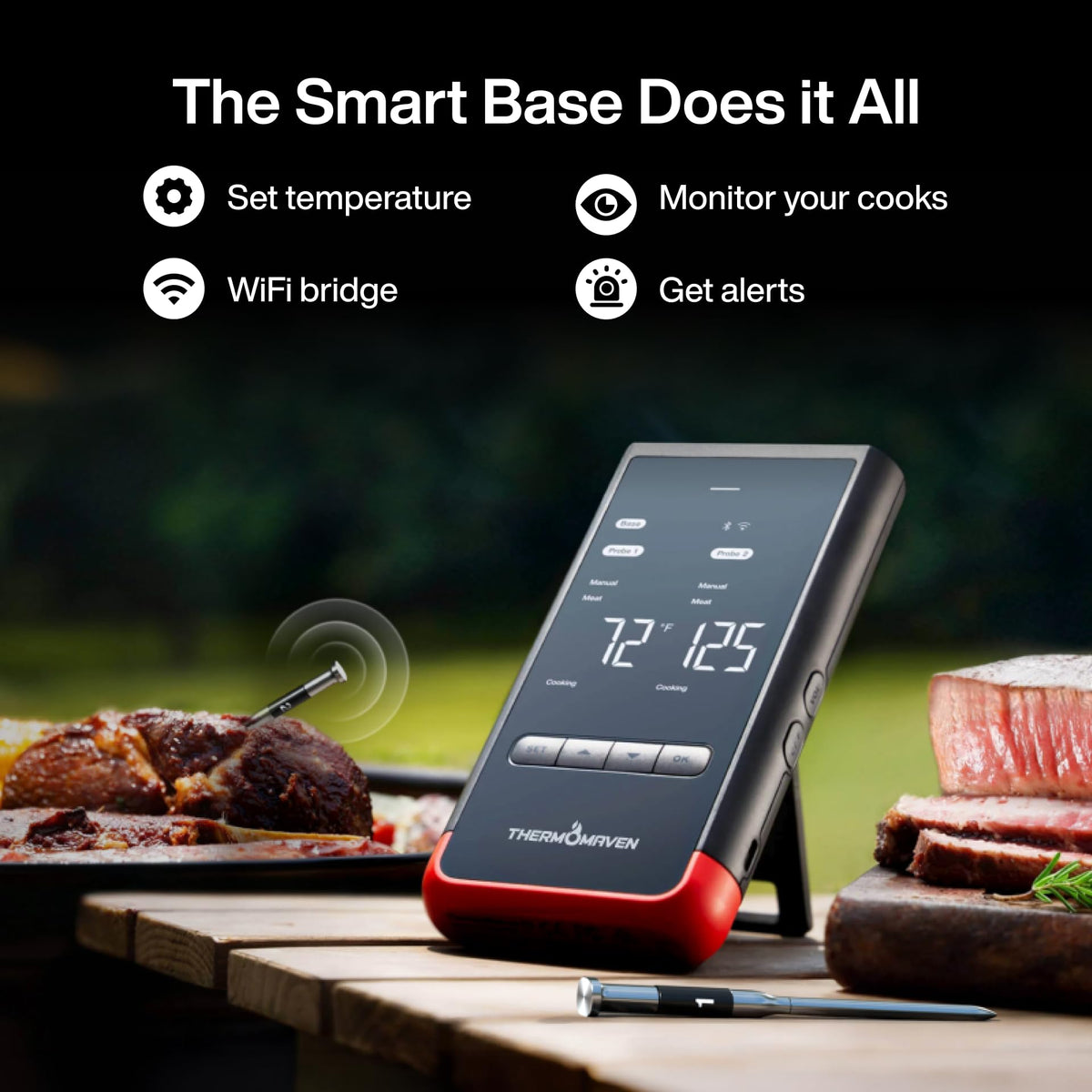 ThermoMaven WiFi Wireless Meat Thermometer, 2 Probes, Smart Base, 6 Sensors Unlimted Monitor Range via APP, Commercial-Grade NIST Certified Accuracy, for Restaurant Kitchen, BBQ/Grill/Oven